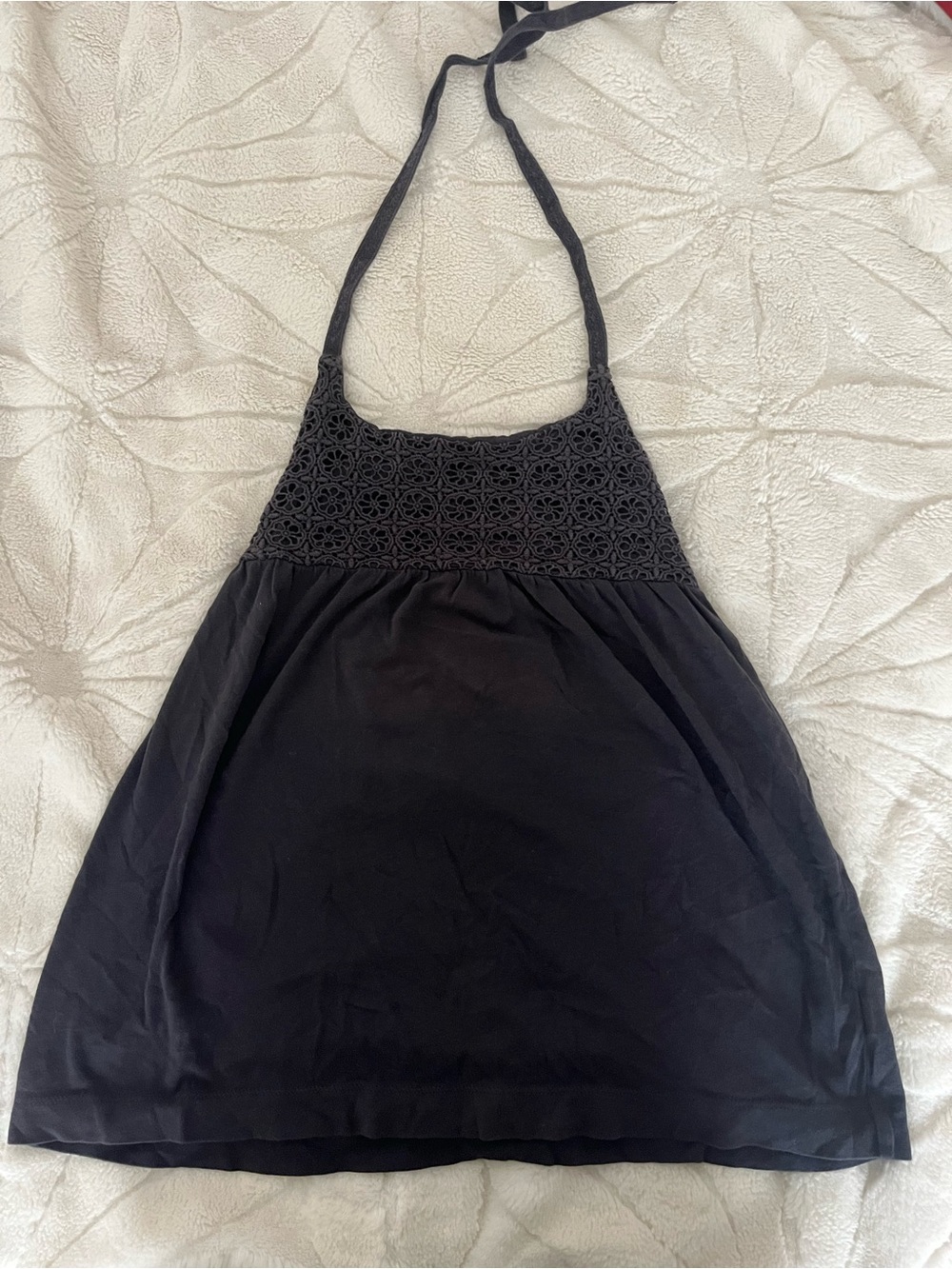 Black Halter Tank Top with Crochet Yoke